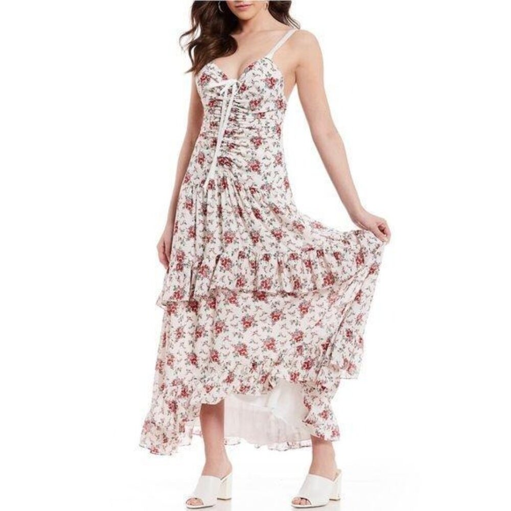 NWT Chelsea & Violet White Floral Maxi Dress with Pink and Green Accents Sz Smal
